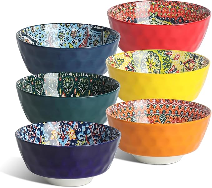 KitchenTour Cereal Bowls Set of 6, 26 oz Ceramic Soup Bowls for Kitchen, 6.3 Inch Colorful Serving Bowls for Oatmeal, Salad, Pasta, Dessert - Microwave & Dishwasher Safe