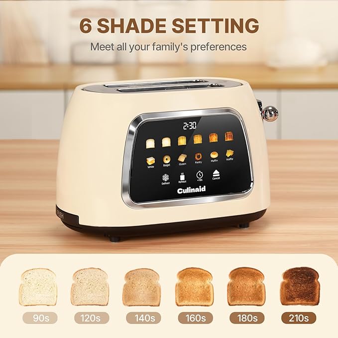 Culinaid Toaster 2 Slice Smart Touch Screen, Retro 1.5'' Extra Wide Slot Stainless Steel Digital Bread Toaster with Memory Function, Bagel, Defrost, 6 Browning Levels and Removable Crumb Tray, Cream