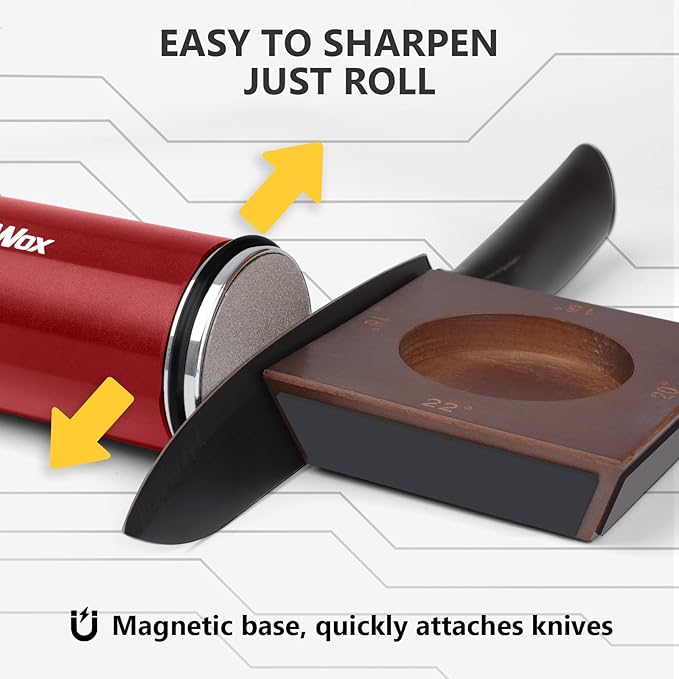 DOWOX Longer Rolling Knife Sharpener with Leather Strop, Upgraded Rolling Knife Sharpening with 4 Degree Angle and 4PCS Replaceable Honing Discs, Easy to Sharpen Ktichen Knives, Red, DW-RS2-Red