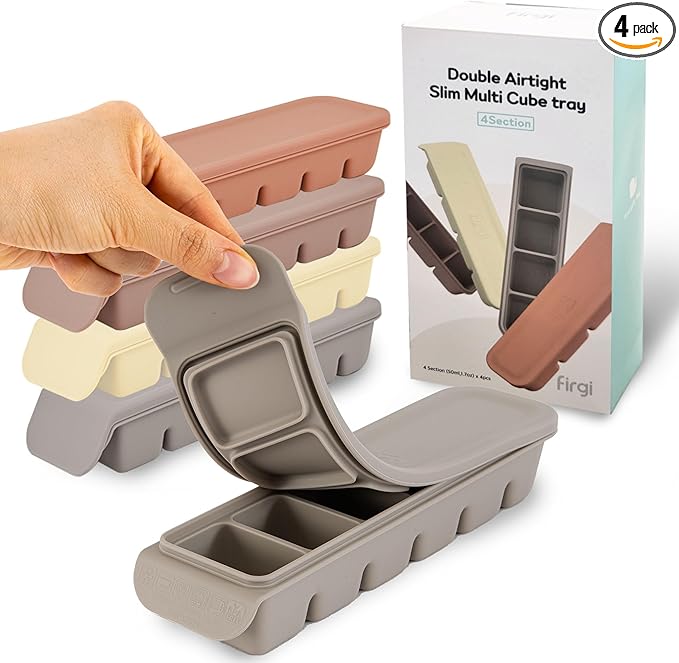 Firgi Silicone Ice Cube Freezer Tray with Lid, 100% Food-Grade Platinum Silicone,Leak Resistance & Dishwasher Safe for Baby Food Prep,Breast Milk,Purees - Korean Made (4 Sets 1 oz/6 Sections)