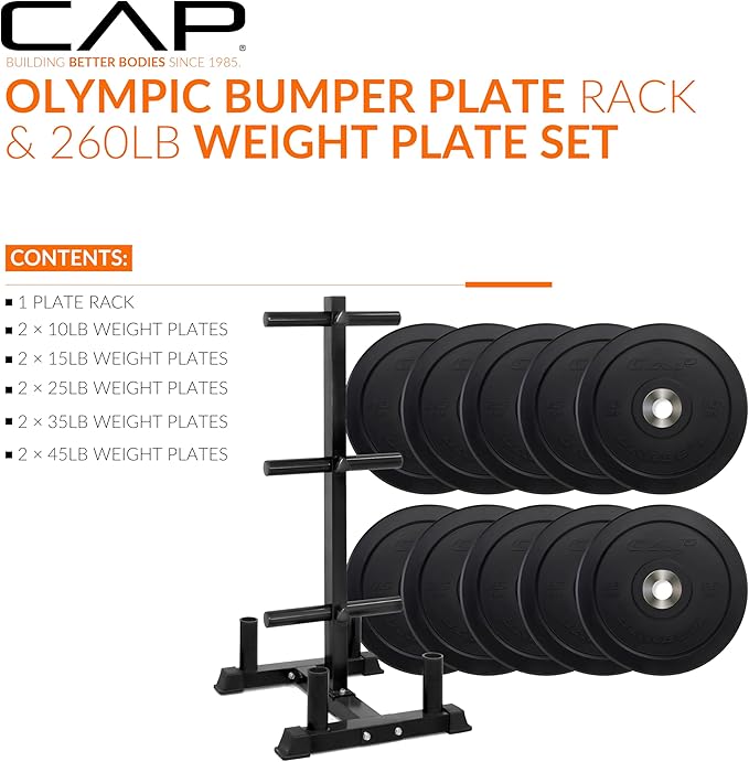 CAP 260lb Pro Olympic Bumper Plate Set with Storage Rack
