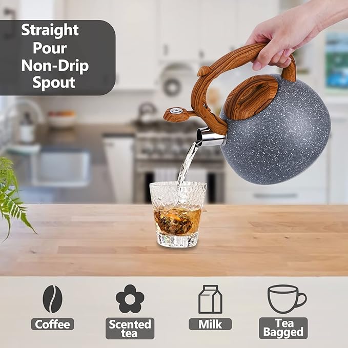 Foedo 3.2Qt Stainless Steel Whistling Tea Kettle Stovetop, Sky Grey