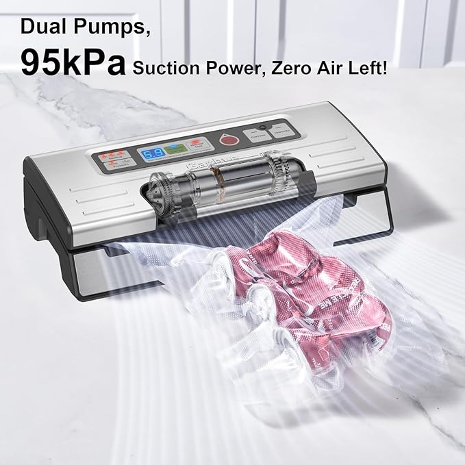 Gasbye 95kPa Precision Vacuum Sealer Machine, Double Heat Seal for Dry/Moist Food, Easy-Lock Handle, Built-in Bag Storage & Cutter, Progress Display, Pulse Mode, Removable Drip Tray, Silver