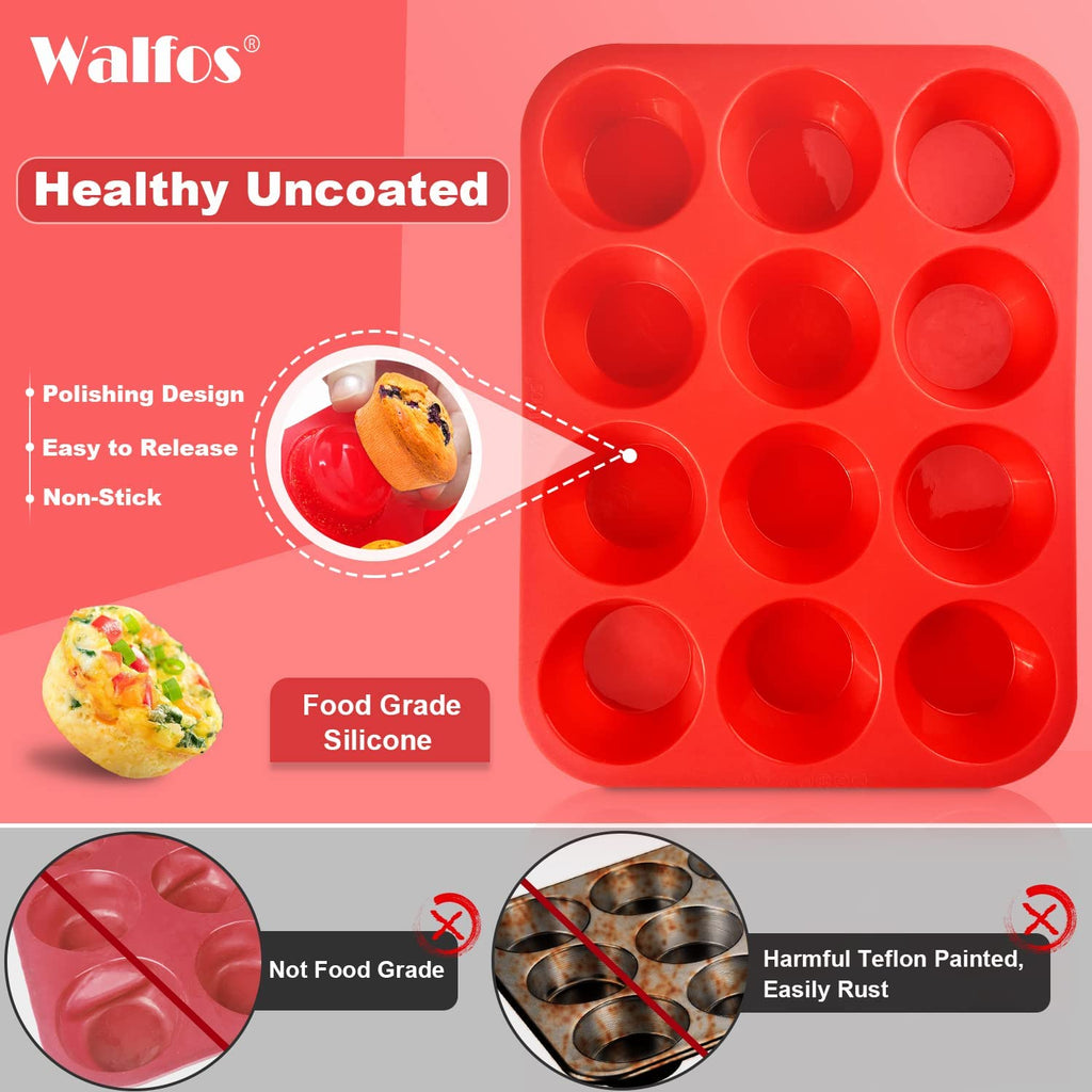 Walfos Silicone Muffin Pan Set of 3, Including Regular 12 Cups Muffin Pans, 24 Cups Mini Muffin Pan & 6 Cups Muffin Top Pan, Non-Stick Cupcake Pan, Easy to Release & Dishwasher Safe