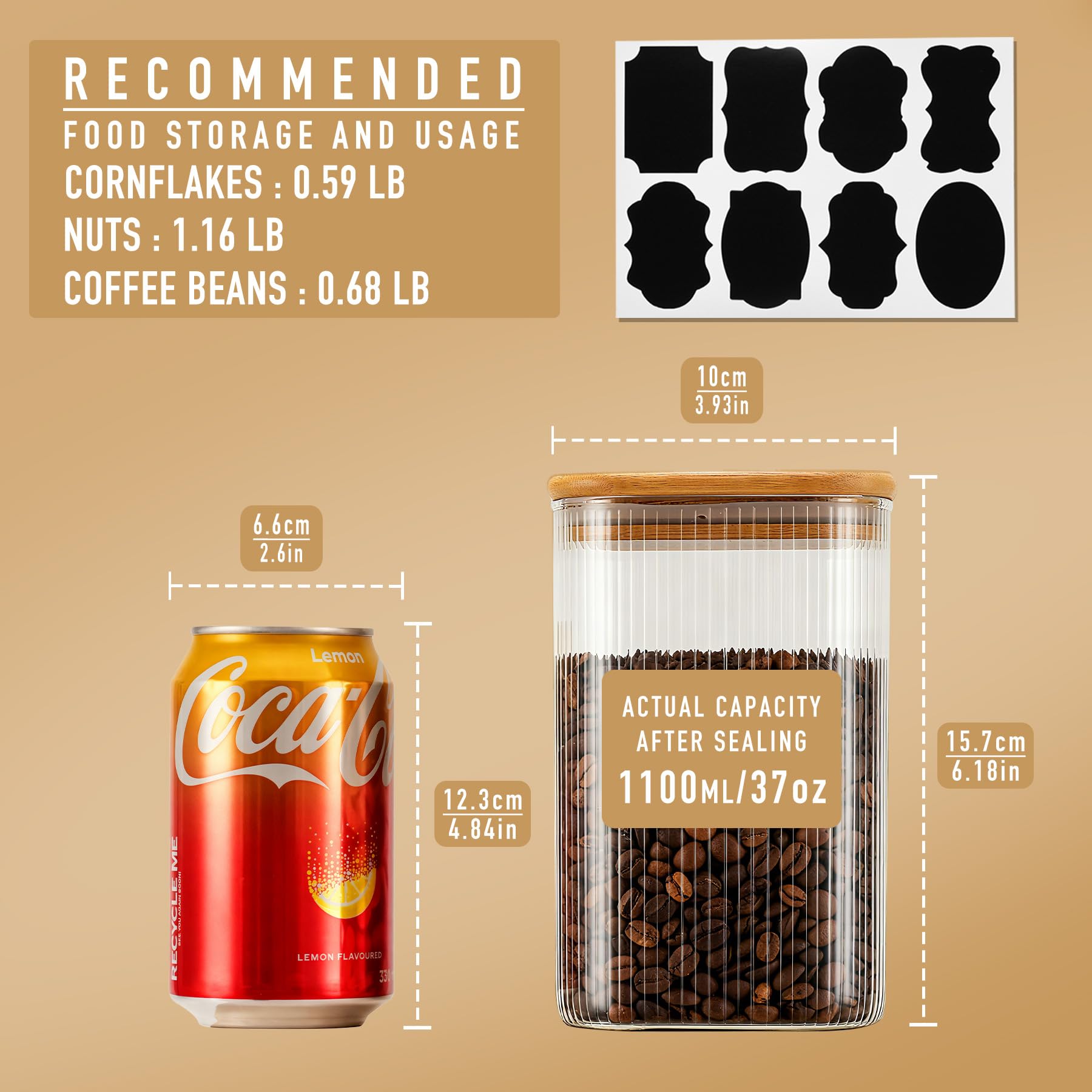 D2scrma 37oz Airtight Glass Square Storage Canisters with Bamboo Lids Set of 4 (1100ml) Striped Stackable Containers, Decorative Kitchen Jars for Tea, Nuts and Coffee (‎with Black Lable)