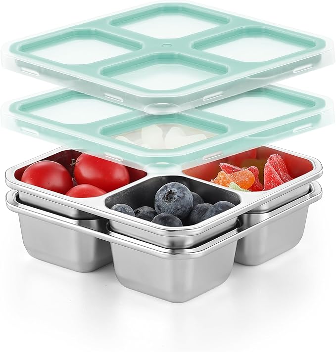 BEFOY 4 Pack Stainless Steel Snack Containers with Lids 4 Compartment Food Storage Containers for Adults & Kids Meal Prep Containers Reusablele (blue, 2)