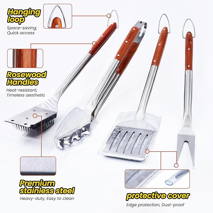 FamilyKit 4PCS Grilling Accessories Rose Wooden BBQ Grilling Tools Set