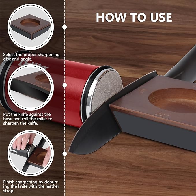 DOWOX Longer Rolling Knife Sharpener with Leather Strop, Upgraded Rolling Knife Sharpening with 4 Degree Angle and 4PCS Replaceable Honing Discs, Easy to Sharpen Ktichen Knives, Red, DW-RS2-Red