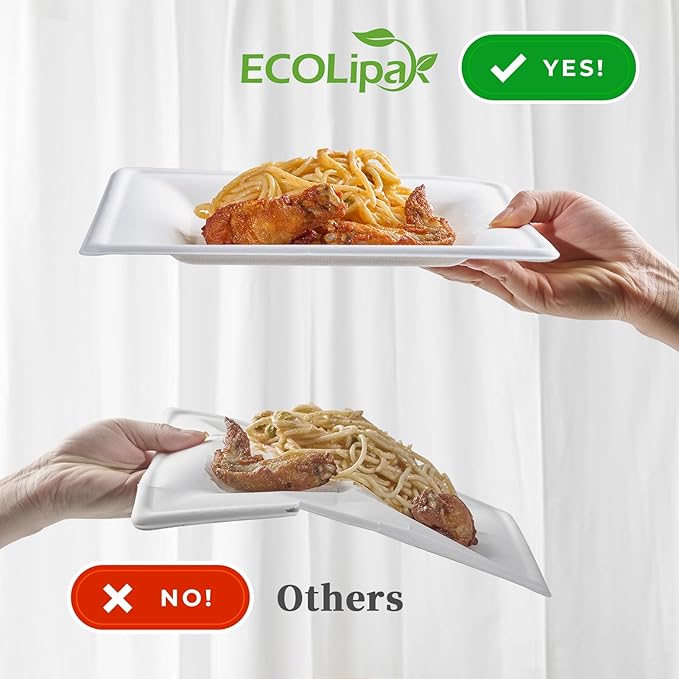 ECOLipak 10 Inch Square Paper Plates, 300 Pack Compostable Disposable Plate