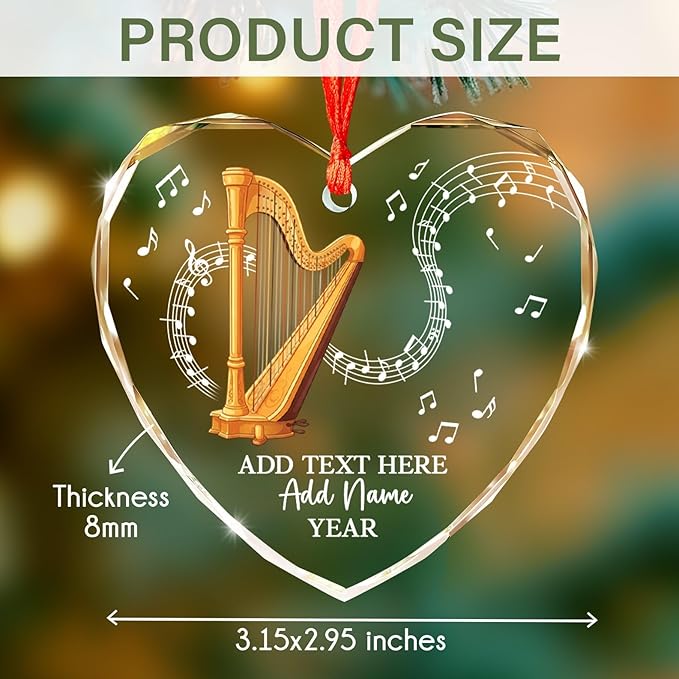 Personalized Text Name Year Harpist Christmas Ornament, Customized Harp Music Instrument Glass Ornaments, 2026 Xmas Ornament Gift for Teacher Student Harp Player, Musician Xmas Decorations