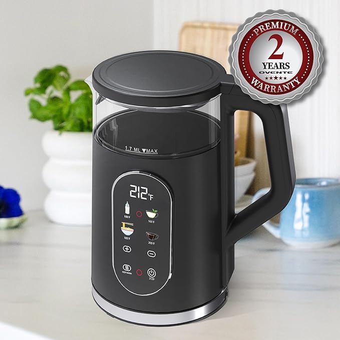 OVENTE 1.7L Electric Kettle with Digital Touchscreen, 1500W, Black KD96B