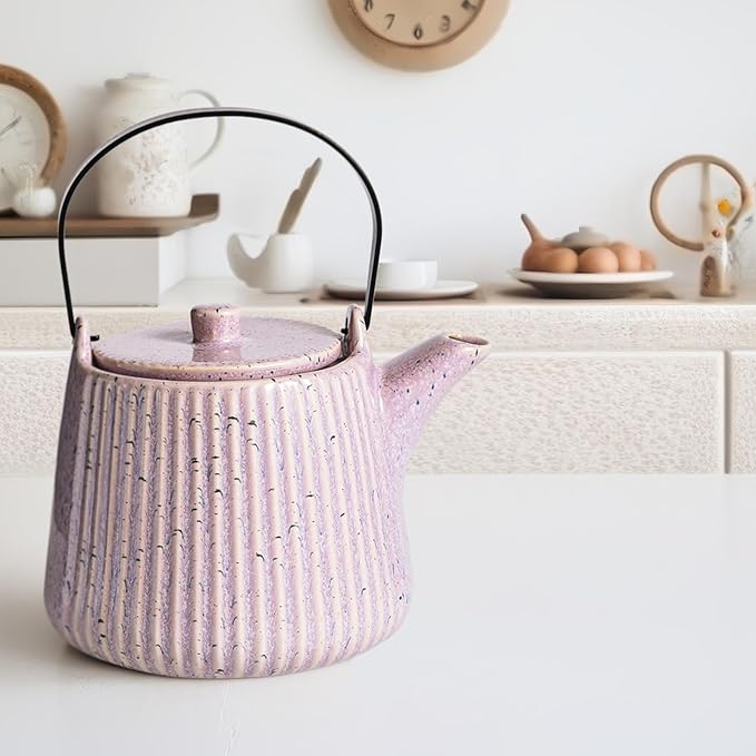 Yundu Ceramic Teapots for Tea, 1000ml/33.8oz Tea Pot with Infusers for Loose Tea, Striped Tea Pot with Removable Tea Infuser - Reactive Pueple