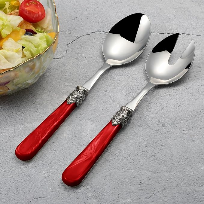 CATHYLIN 2-piece Salad Servers Stainless Steel Salad Serving Set Salad Fork and Spoon (Red)