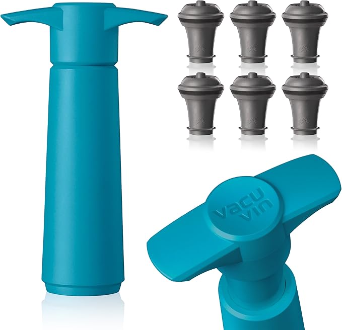 Vacu Vin Original Saver Wine Bottle Stopper – With 6 Vacuum Stoppers – Preserver Wine Stopper with Pump for Red or White Wine – Wine Accessories to Keep Wine Fresh – Airtight Seal Stoppers – Blue