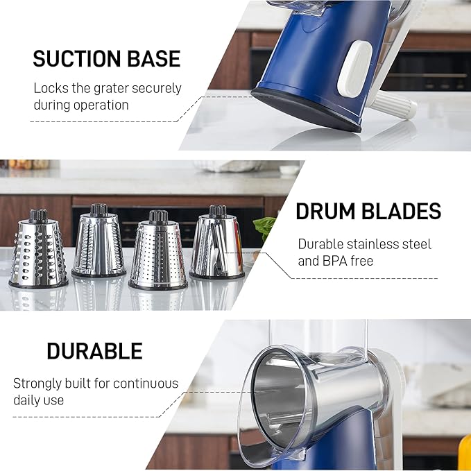 VEKAYA Rotary Cheese Grater Hand Crank, 4 blades Cheese Shredder (Blue)