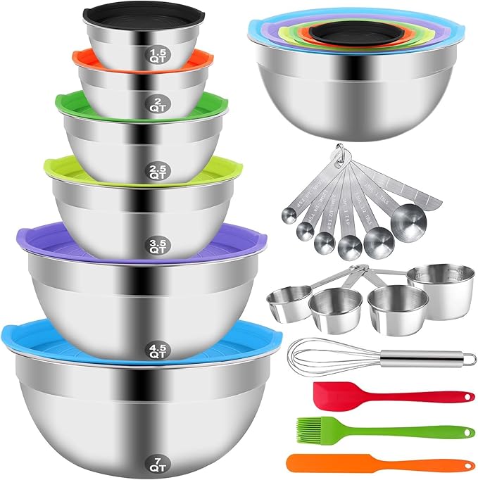 WEPSEN Mixing Bowls with Lid Set, 25PCS Kitchen Utensils Metal Bowl Stainless Steel Nesting Bowls, Measuring Cups and Spoons, Egg Whisk for Baking Prepping Cooking Serving Supplies
