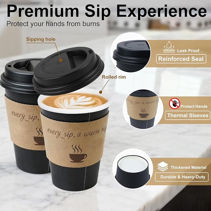 cuphug 12 oz Disposable Coffee Cups with Lids, Sleeves and Straws 100Pack, Thickened Leak-Proof Insulated Paper Cups for Hot Drinks, Home, Office, Cafe, Party