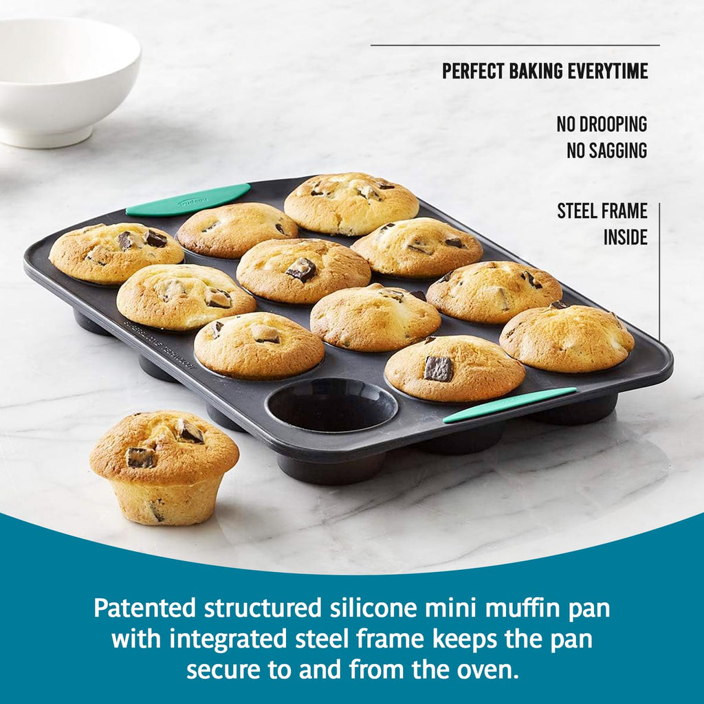 Trudeau Structure Silicone Muffin Pan – 12 Cup, Flexible Silicone with Hard Lining to Hold Shape, Non-Stick, BPA-Free, Dishwasher Safe, Heat Resistant to 428°F – Grey/Mint