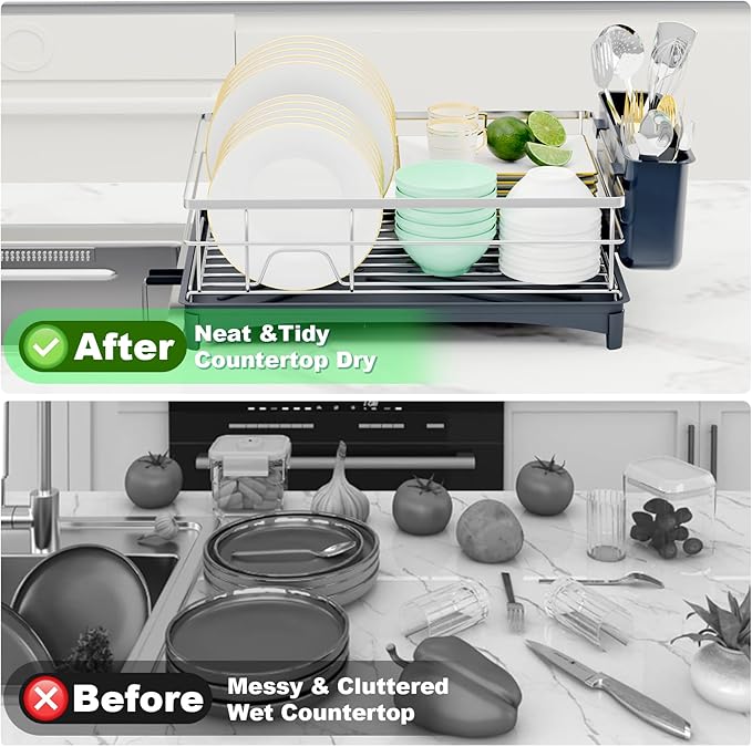 TITIMIO Dish Drying Rack - Space-Saving Dish Rack for Kitchen Counter with Removeable Cutlery Holder,Rustproof & Sturdy Auto-Drain Organizer for Plates,Cups,Knife,Silvery