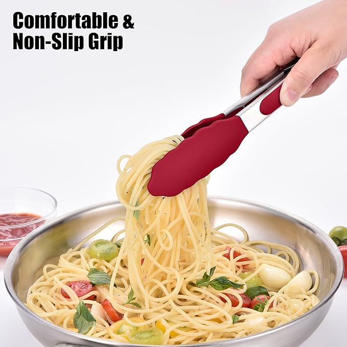 Doosu Kitchen Tongs with Silicone Tips for Cooking Serving (7in, Red)