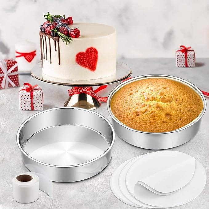 8 Inch Cake Pan Set of 3, E-Far Stainless Steel Round Layer Cake Baking Pans with Parchment Rounds & Side Liner Roll, Non-Toxic & Healthy Metal Cakes Tin, Straight Side & Dishwasher Safe