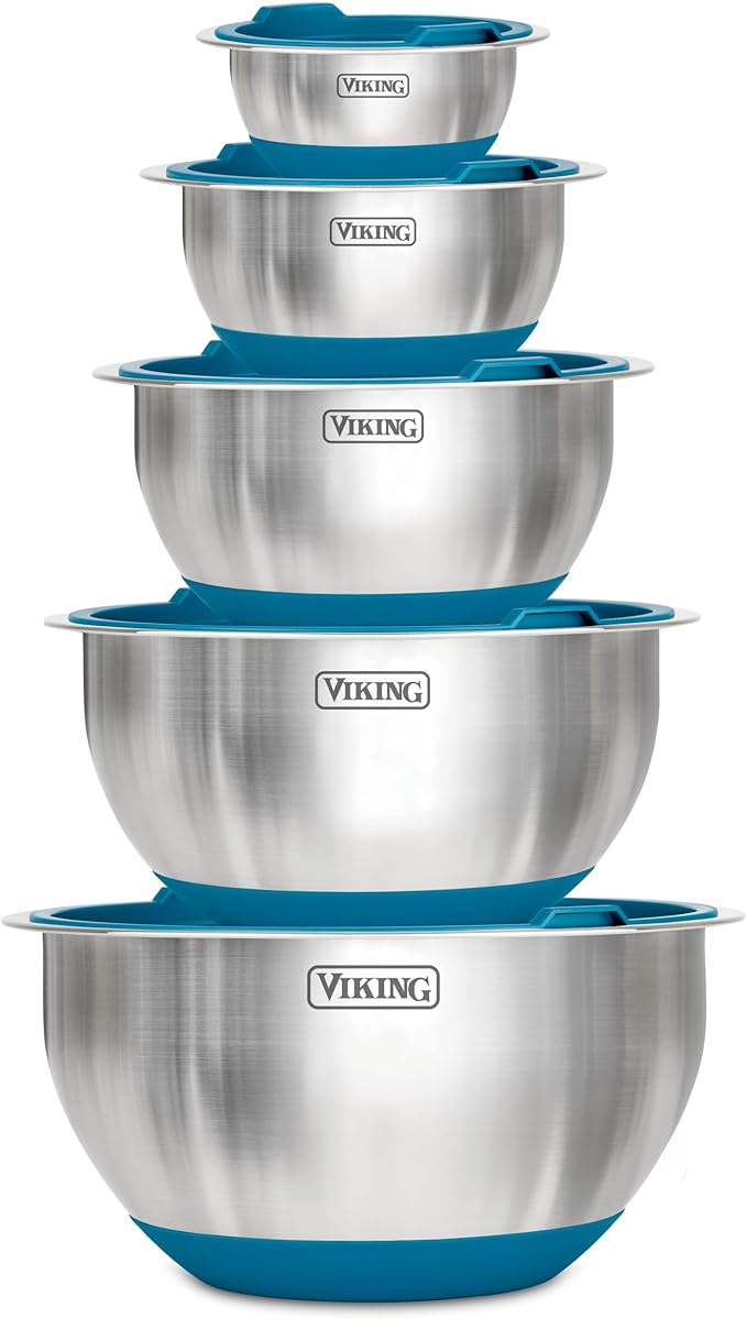 Viking Mixing Bowls Set, 10 Piece Stainless Steel Kitchen Cookware, Non-Slip Silicone Base, Includes Tight Fit Lids, Dishwasher Safe