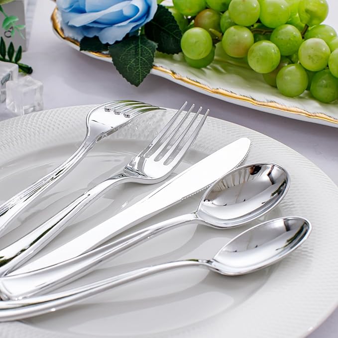 WDF 500PCS Silver Plastic Silverware - Plastic Silver Utensils - 250 Forks 125 Spoons 125 Knives - Heavy Duty Disposable Silverware Sets for Party Baby Shower Wedding Spring