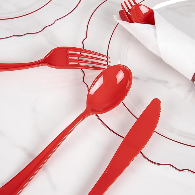 Liacere 400PCS Pre Rolled Red Silverware and Napkin - Disposable Red Plastic Utensils-Wrapped Plastic Cutlery Set with Napkin:100Forks,100Knives,100Spoons,100Napkins for Party & Independence Day