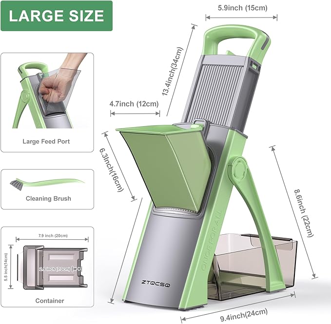 ZTQCSQ [All in 1] Upgraded Version Safe Mandoline Slicer for Kitchen, Adjustable Thickness. Detachable Blade, Veggie Slicer, Rapid Prep Mandoline, with Cleaning Brush/Paring Knife (MatchaGreen)