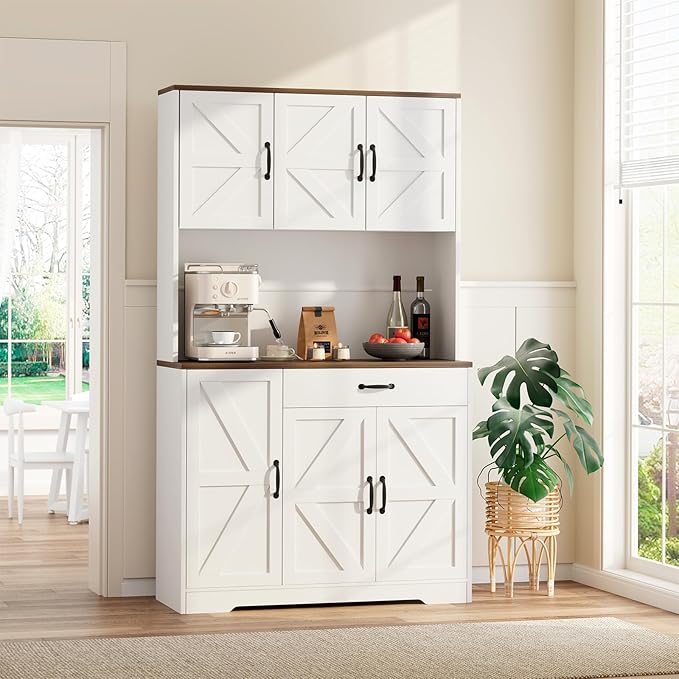 GRUSIGN 71" Pantry Cabinet with Charging Station, Large Capacity Kitchen Hutch Storage Cabinet, Kitchen Cabinet with Microwave Stand, Storage Drawers & Adjustable Shelves for Dining Room, Cream-White