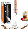 YUSWKO Handheld Milk Frother Wand for Coffee, Rechargeable Electric Whisk with 3 Heads 3 Speeds Drink Mixer Coffee Frother For Latte, Cappuccino, Hot Chocolate, Egg, Rose Gold with Holder