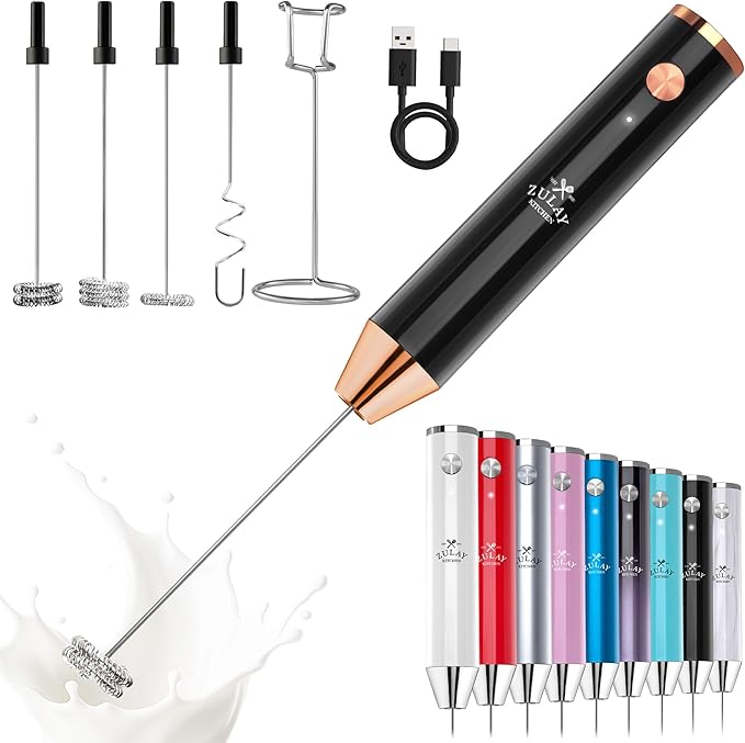Zulay Kitchen Rechargeable Milk Frother Handheld - Frother Wand, Drink Mixer, Electric Whisk Frother, for Cappuccinos, Matcha & Protein Powder - Lux 4 Whisk 2 Speed Waterproof 2000mAh Black Copper