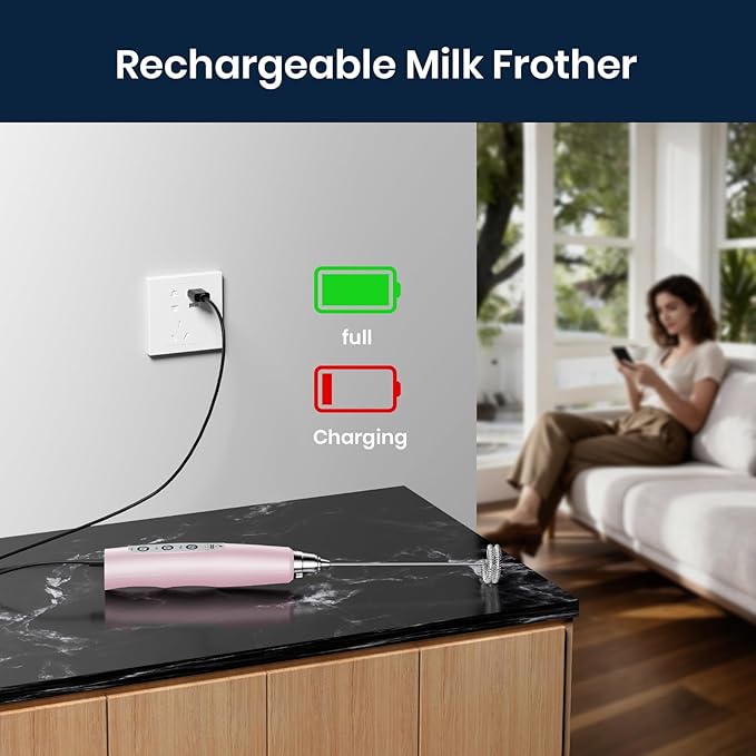 Milk Frother Wand Rechargeable Handheld Electric Whisk 3 Speed Adjustable