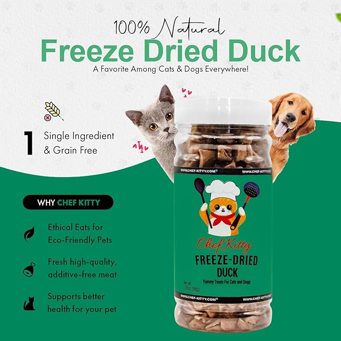 Chef Kitty Duck Dog Treats | 100% Human Grade Freeze Dried Cat Treats, Single Ingredient | High Protein Cat & Dog Food Toppers | No Additives or Preservatives | Inspected & Tested in USA | 1.6 oz