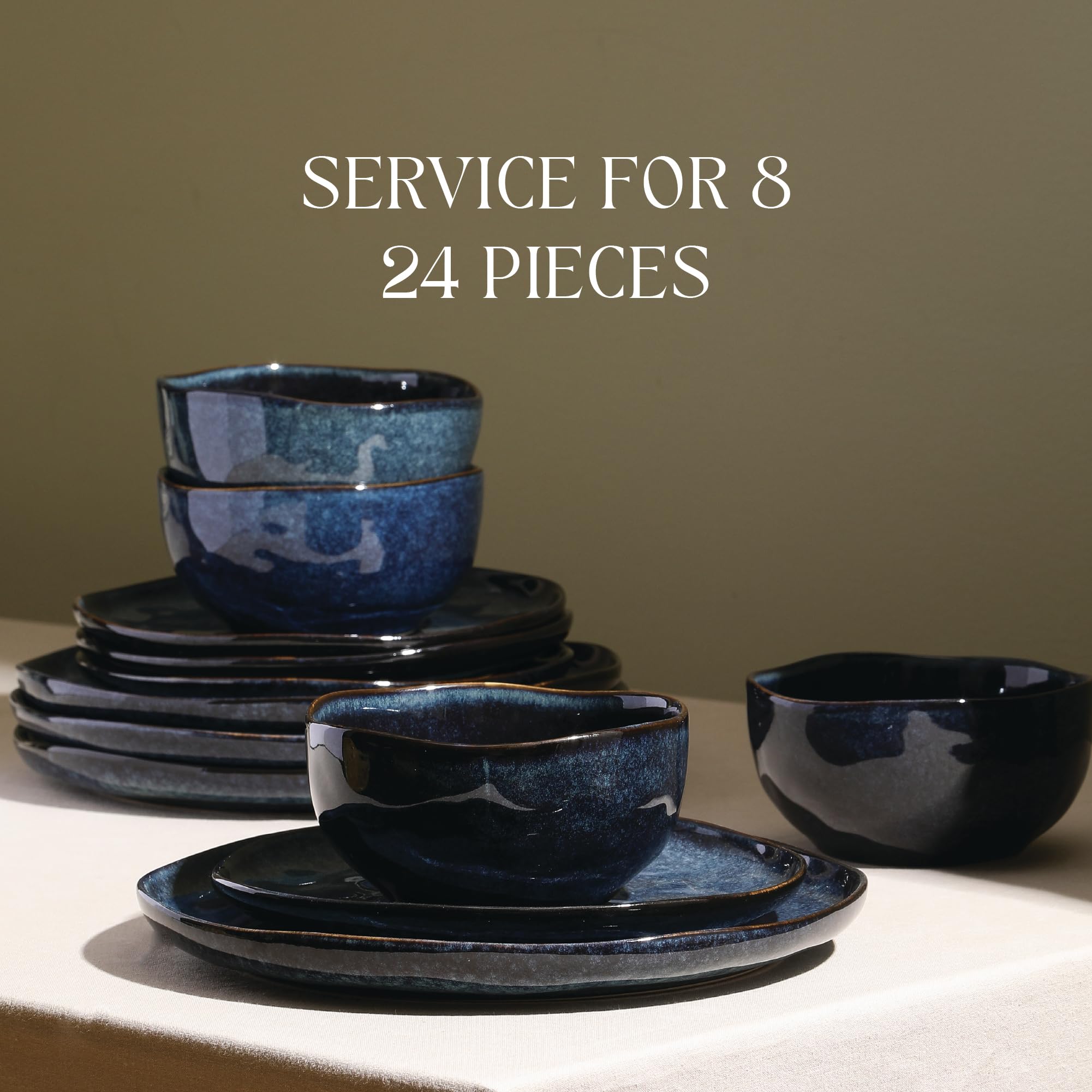 Stone Lain Mirella 24-Piece Stoneware Dinnerware Set, Service for 8 – Reactive Glaze, Deep Blue – Includes Dinner Plates, Salad Plates, and Bowls – Modern Organic Design
