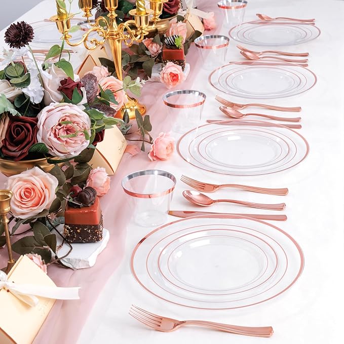 bUCLA 600PCS Clear Rose Gold Plastic Dinnerware Set Disposable - Include 100 Dinner Plates, 100 Dessert Plates, 100 Knives, 100 Forks, 100 Spoons, 100 Cups for Party & Wedding