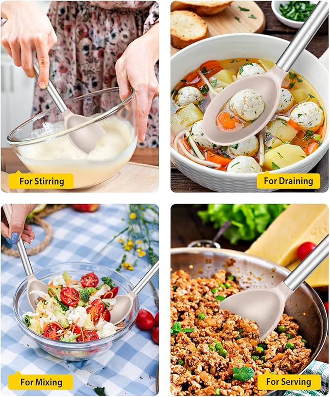 BUNDLEPRO Silicone Cooking Spoons for Non Stick Cookware, 2 Pack, KHAKI