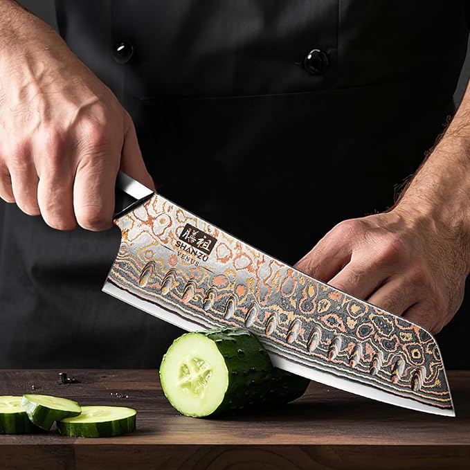 SHAN ZU Damascus Santoku Knife 7 inch, Japanese Kitchen Knives
