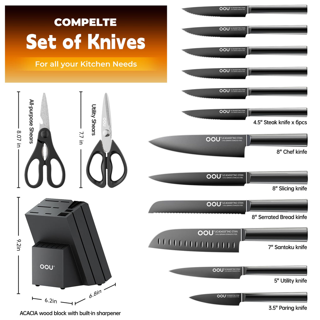 OOU Kitchen Knife Block Set - 15 Pieces High Carbon Stainless Steel Knife Block Set with Built-in Sharpening Blocks, Black