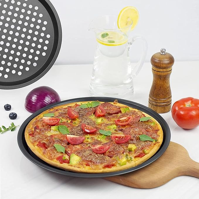 InBlossoms 11 inch Pizza Pan With Holes, Carbon Steel Perforated Non-Stick Bakeware for Home Kitchen Oven, 2 Pack
