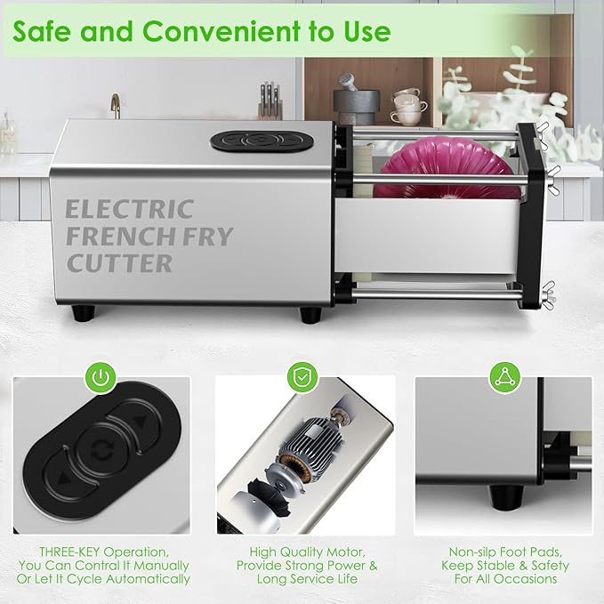 YOTAN Electric French Fry Cutter,French Fry Cutter Stainless Steel with 1/2 & 3/8 Inch Blade,Commercial and Household Electric Fry Cutter,Potato Slicer,Use for Potatoes,Onion,Cucumbers,Apples