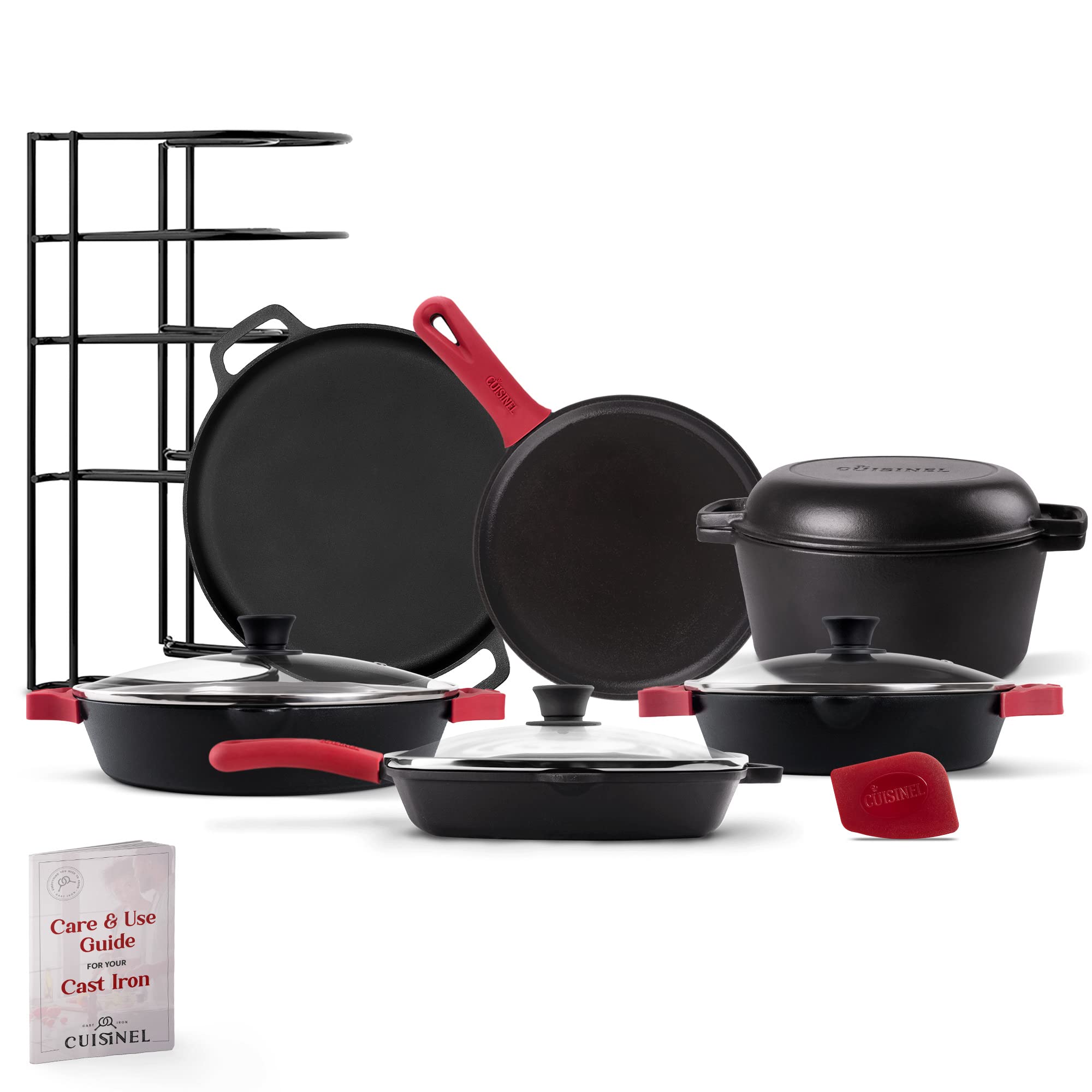 Cuisinel Cast Iron 18-Piece Preseasoned Cookware Set: 10"+12" Skillets w/Lids + 5-Qt Dutch Oven + 10.5" Square Grill Pan w/Lid + Pizza Pan + Round Griddle + 15" Organizer +Scraper + Silicone Handle