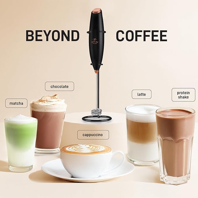 Zulay Kitchen Powerful Milk Frother Wand With Duracell Batteries - Ultra Fast Handheld Drink Mixer - Electric Whisk Foam Maker for Coffee, Lattes, Cappuccino & Matcha - Double Whisk - Black Copper