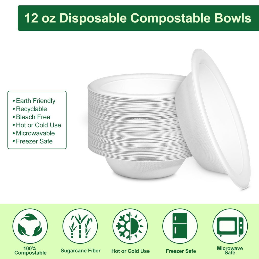 Pony Packaging Paper Bowls 12oz, Disposable Bowls Heavy Duty, 250-Pack 100% Compostable Disposable Soup Bowl, Biodegradable Bagasse Hot Food Plates and Bowls -White