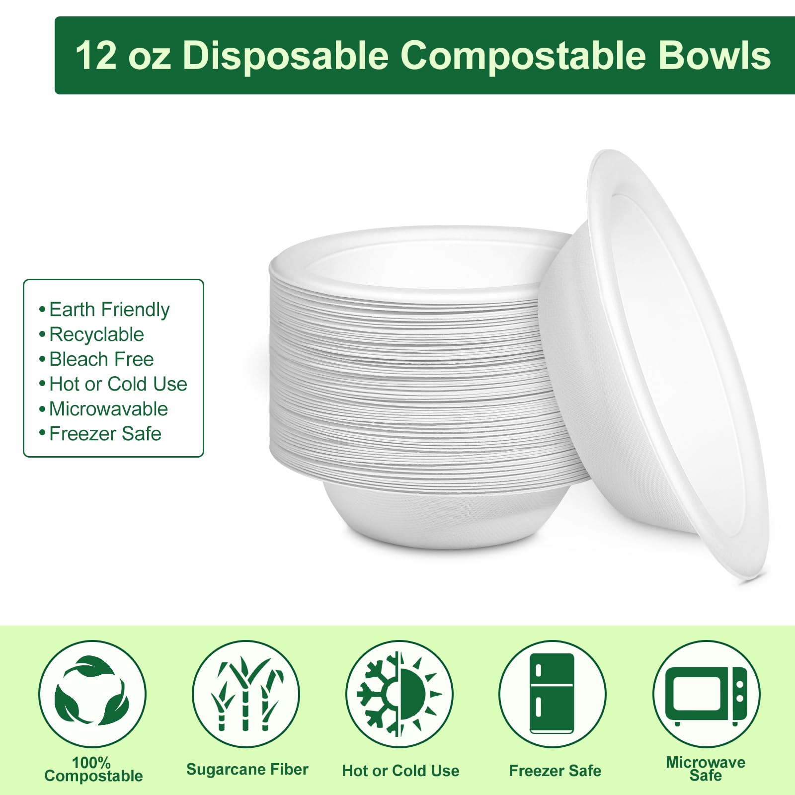 Pony Packaging Paper Bowls 12oz, Disposable Bowls Heavy Duty, 250-Pack 100% Compostable Disposable Soup Bowl, Biodegradable Bagasse Hot Food Plates and Bowls -White