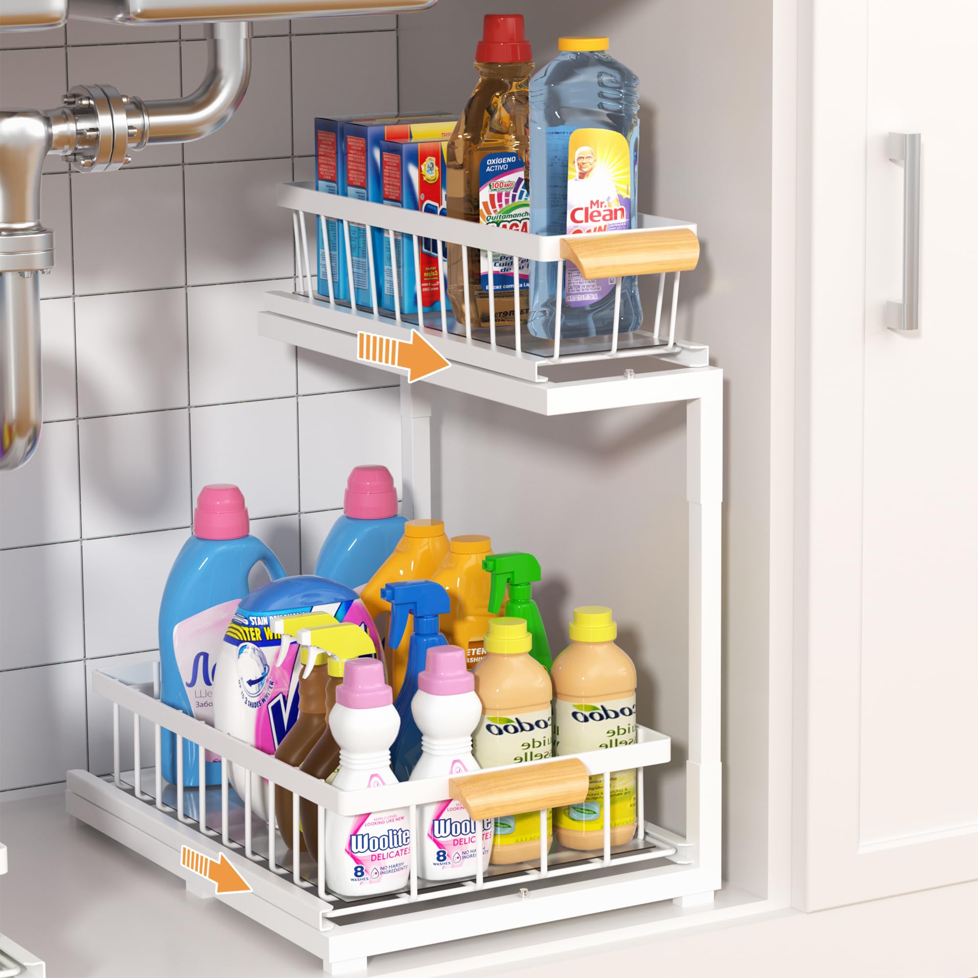 MERATIA Under Sink Organizer 2 Tier, Pull Out Drawer Slides Under Sink Storage for Bathroom Kitchen,Multi-Purpose Drawer Under Cabinet Organizer for Cleaning Supplies (White, Large-1 Pack)