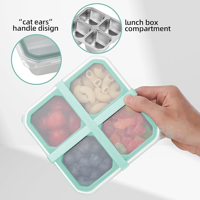 BEFOY 4 Pack Stainless Steel Snack Containers with Lids 4 Compartment Food Storage Containers for Adults & Kids Meal Prep Containers Reusablele (blue, 2)