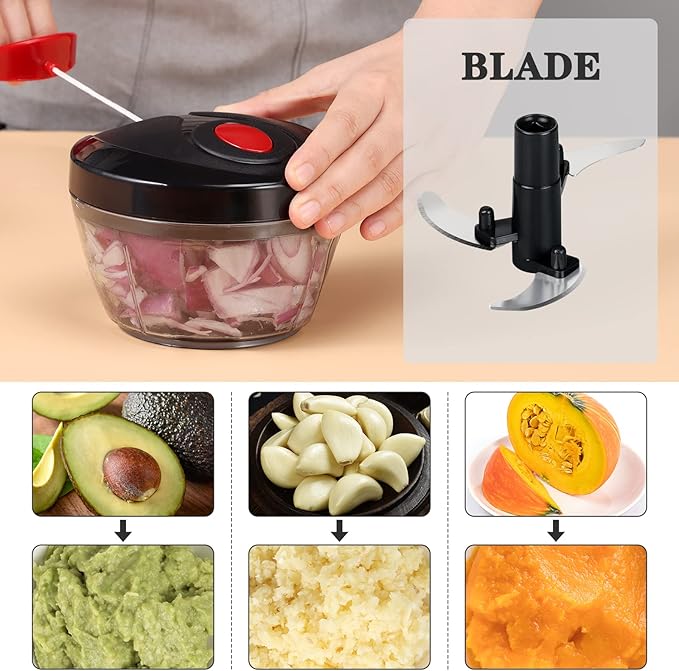 Cambom Manual Food Chopper Vegetable Cutter, Hand String Vegetable Chopper Onions Cutter for Vegetable Fruits Nuts BPA Free Food Safe Material, 500ml Black