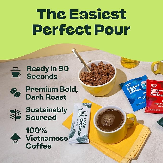 Copper Cow Coffee Vietnamese Churro Pour Over Coffee & Creamer Set, 8 Coffees + 8 Creamers | Dark Roast | Real Cinnamon | No Artificial Flavors | No Refrigeration Needed | As Seen on Shark Tank
