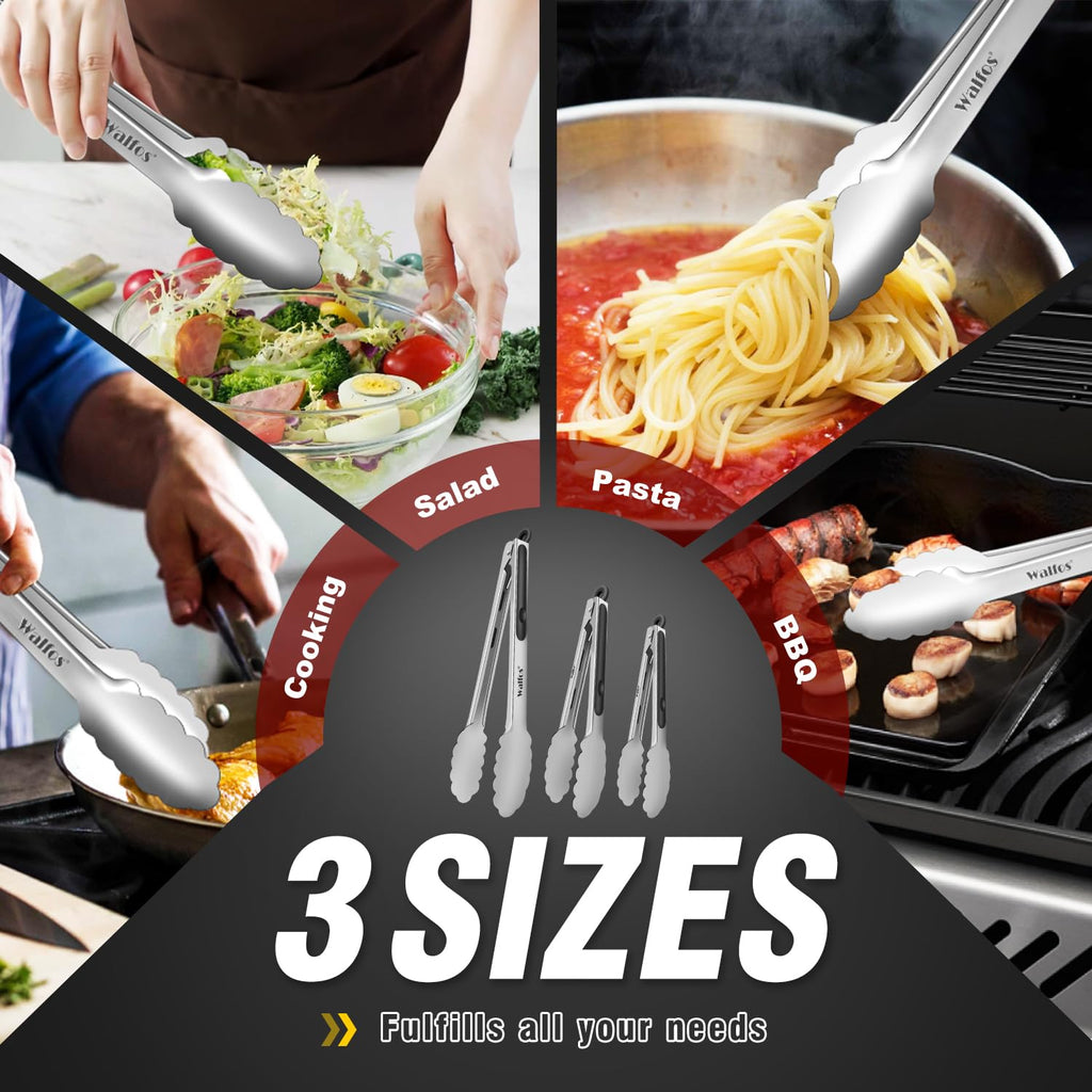Food Grade Stainless Steel Kitchen Tongs for Cooking,BBQ - 7 ，9 and 12 Inch,Set of 3 Heavy Duty Locking Metal Food Tongs Non-Slip Grip